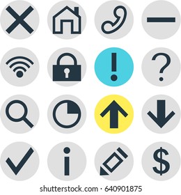 Vector Illustration Of 16 User Icons. Editable Pack Of Padlock, Mainpage, Cordless Connection And Other Elements.