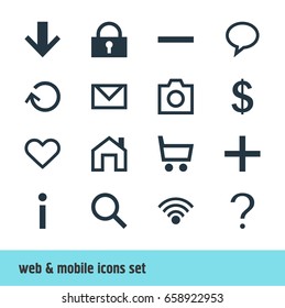 Vector Illustration Of 16 User Icons. Editable Pack Of Minus, Snapshot, Heart And Other Elements.