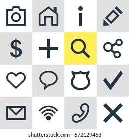 Vector Illustration Of 16 User Icons. Editable Pack Of Cordless Connection, Mainpage, Handset Elements.