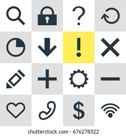 Vector Illustration Of 16 User Icons. Editable Pack Of Heart, Cogwheel, Padlock And Other Elements.