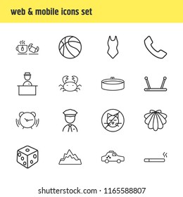 Vector illustration of 16 vacation icons line style. Editable set of security guard, seashell, hotel worker and other icon elements.