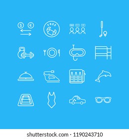 Vector illustration of 16 vacation icons line style. Editable set of exchange, dolphin, taxi and other icon elements.