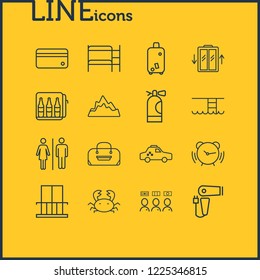 Vector illustration of 16 vacation icons line style. Editable set of swimming pool, baggage, hairdryer and other icon elements.