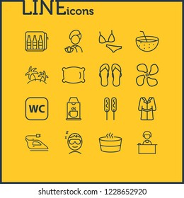 Vector illustration of 16 vacation icons line style. Editable set of flip flops, fan, pillow and other icon elements.