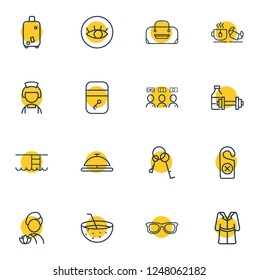 Vector illustration of 16 vacation icons line style. Editable set of view point, bag trolley, sunglasses and other icon elements.
