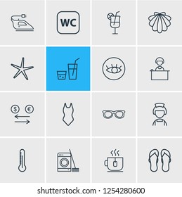 Vector illustration of 16 vacation icons line style. Editable set of sunglasses, iron, drink and other icon elements.