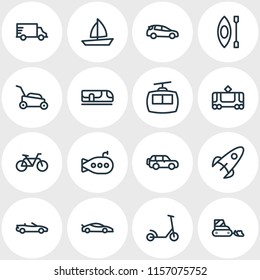 Vector illustration of 16 vehicle icons line style. Editable set of rocket, suv, kayak and other icon elements.