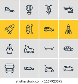 Vector illustration of 16 vehicle icons line style. Editable set of sport car, supermini, suv and other icon elements.