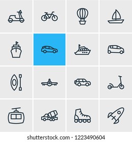 Vector illustration of 16 vehicle icons line style. Editable set of supermini, kick scooter, roller skates and other icon elements.