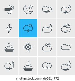 Vector Illustration Of 16 Weather Icons. Editable Pack Of Snow, Crescent, Rain And Other Elements.