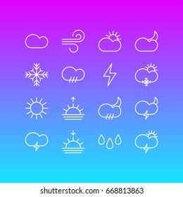 Vector Illustration Of 16 Weather Icons. Editable Pack Of Windstorm, Sunset, Breeze And Other Elements.