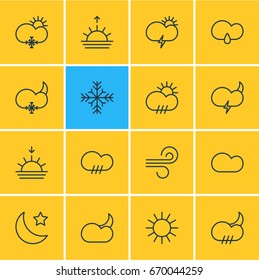Vector Illustration Of 16 Weather Icons. Editable Pack Of Sunny, Rainy, Crescent And Other Elements.