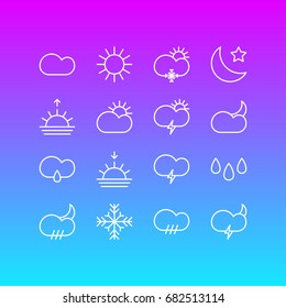 Vector Illustration Of 16 Weather Icons. Editable Pack Of Sun, Crescent, Moon Month And Other Elements.