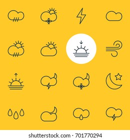 Vector Illustration Of 16 Weather Icons. Editable Pack Of Sun, Fulminant, Moon Month And Other Elements.