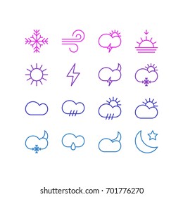 Vector Illustration Of 16 Weather Icons. Editable Pack Of Sun, Weather, Moon Month And Other Elements.