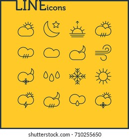 Vector Illustration Of 16 Weather Icons. Editable Pack Of Drip, Crescent, Drizzles And Other Elements.