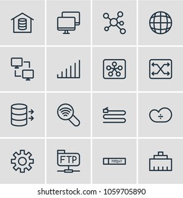 Vector illustration of 16 web icons line style. Editable set of peer to peer client, root server, gear and other icon elements.