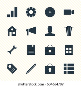Vector Illustration Of 16 Web Icons. Editable Pack Of House, Keyhole, Increase Chart And Other Elements.