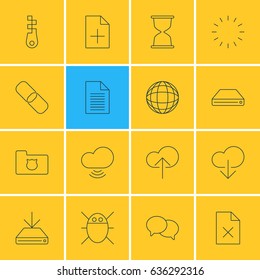 Vector Illustration Of 16 Web Icons. Editable Pack Of Waiting, Document Adding, Information Load And Other Elements.