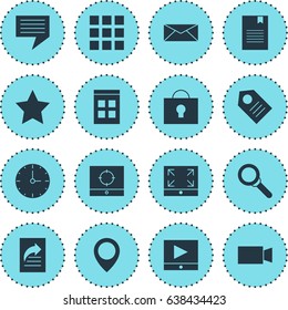 Vector Illustration Of 16 Web Icons. Editable Pack Of Target Scope, Map Pointer, Video Camera And Other Elements.