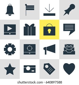 Vector Illustration Of 16 Web Icons. Editable Pack Of Keyhole, Map Marker, Chat And Other Elements.