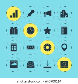 Vector Illustration Of 16 Web Icons. Editable Pack Of Bookmark, Date Time, Upload And Other Elements.