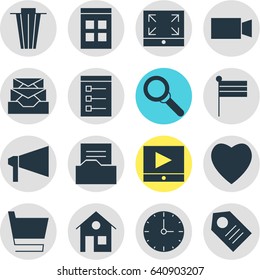 Vector Illustration Of 16 Web Icons. Editable Pack Of Trash, Document Directory, Trolley And Other Elements.