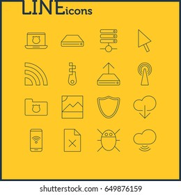 Vector Illustration Of 16 Web Icons. Editable Pack Of Wireless Network, Safeguard, Router And Other Elements.