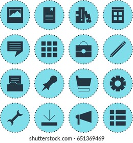 Vector Illustration Of 16 Web Icons. Editable Pack Of Landscape Photo, Gear, Bookmark Elements.