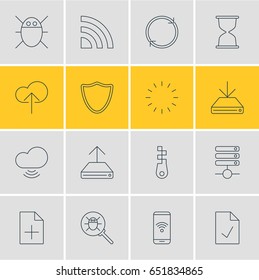 Vector Illustration Of 16 Web Icons. Editable Pack Of Computer Virus, Wave, Fastener And Other Elements.