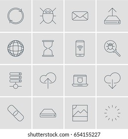 Vector Illustration Of 16 Web Icons. Editable Pack Of World, Bug, Computer Virus And Other Elements.
