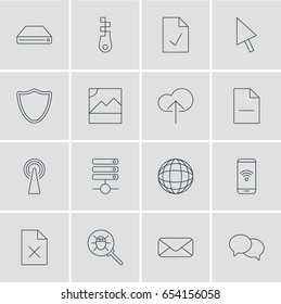 Vector Illustration Of 16 Web Icons. Editable Pack Of Hard Drive Disk, Letter, Checked Note And Other Elements.