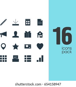 Vector Illustration Of 16 Web Icons. Editable Pack Of House, Date Time, Increase Chart And Other Elements.