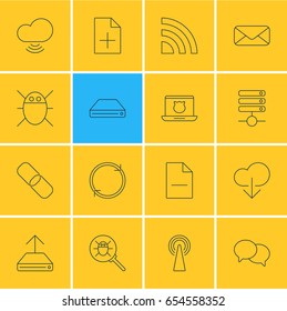 Vector Illustration Of 16 Web Icons. Editable Pack Of Server, Document Adding, Refresh And Other Elements.