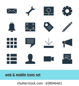 Vector Illustration Of 16 Web Icons. Editable Pack Of Upload, Bullhorn, Target Scope And Other Elements.
