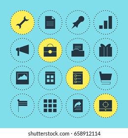 Vector Illustration Of 16 Web Icons. Editable Pack Of Landscape Photo, Thumbtack, Target Scope Elements.