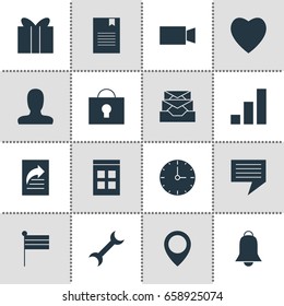Vector Illustration Of 16 Web Icons. Editable Pack Of Settings, Messages, Love And Other Elements.