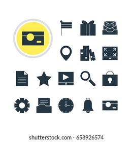 Vector Illustration Of 16 Web Icons. Editable Pack Of Clock, Play Button, Gear And Other Elements.