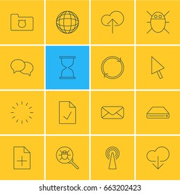 Vector Illustration Of 16 Web Icons. Editable Pack Of Data Upload, Checked Note, World And Other Elements.