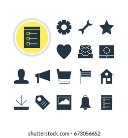 Vector Illustration Of 16 Web Icons. Editable Pack Of Target Scope, Map Marker, Coupon And Other Elements.