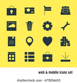 Vector Illustration Of 16 Web Icons. Editable Pack Of Date Time, Keyhole, Map Marker And Other Elements.