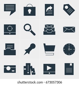 Vector Illustration Of 16 Web Icons. Editable Pack Of Play Button, Bookshelf, Trolley And Other Elements.