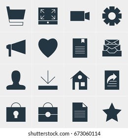 Vector Illustration Of 16 Web Icons. Editable Pack Of Messages, Document Transfer, Video Camera And Other Elements.