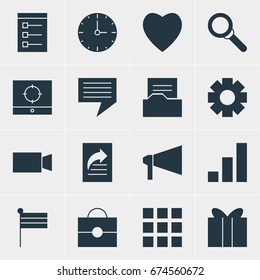 Vector Illustration Of 16 Web Icons. Editable Pack Of Bullhorn, Video Camera, Map Marker And Other Elements.