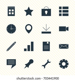 Vector Illustration Of 16 Web Icons. Editable Pack Of Clock, Upload, Settings And Other Elements.