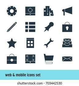 Vector Illustration Of 16 Web Icons. Editable Pack Of Bookshelf, Maximize, Portfolio And Other Elements.