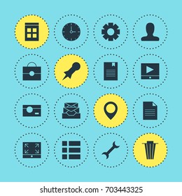 Vector Illustration Of 16 Web Icons. Editable Pack Of Thumbtack, Play Button, Portfolio And Other Elements.