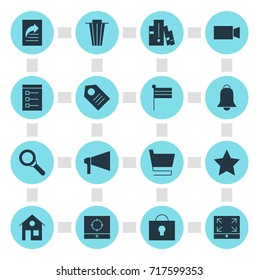 Vector Illustration Of 16 Web Icons. Editable Pack Of Trash, Notification, Magnifier And Other Elements.