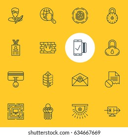 Vector Illustration Of 16 Web Safety Icons. Editable Pack Of Finger Identifier, Encoder, Account Data And Other Elements.