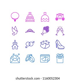 Vector illustration of 16 wedding icons line style. Editable set of rings, crown, necklace and other icon elements.